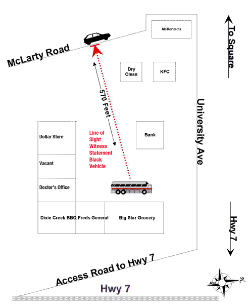 sketch showing the locations of the Magnolia Transit bus and the car Kristi Dawes said she saw