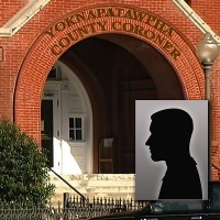 Entrance to the Yoknapatawpha County Coroner's Office with the label 'Male Victim'