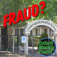 Photo of Yoknapatawpha Acres entrance with "Fraud?" headline and the Oxford Weekly Planet logo in the foreground