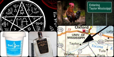 Collage of Wiccan symbols, chicken, Taylor MS sign, bucket, liquor bottle and map