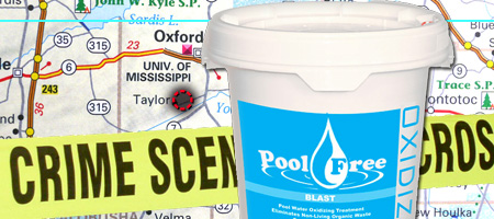 Pool chemical bucket with crime scene tape and a map showing the location of Taylor MS in the background