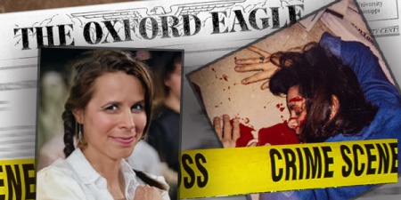 Collage of photos showing Monica Drum alive and dead with the newspaper in the background