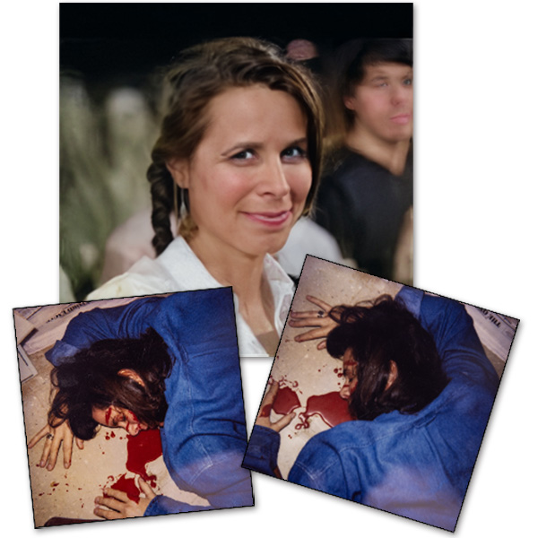 Smiling brunette woman with photos of a brunette woman face down in a pool of blood in the foreground
