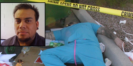 Man in scrubs lying dead between a dumpster and the curb with an inset photo of his face when he was alive