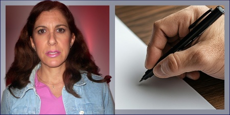 Photo of a woman with long dark hair alongside a photo of a hand writing with a pen