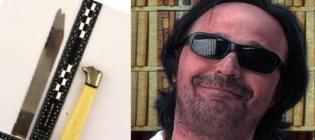 A knife blade and knife handle with a scale to show their size alongside a smirking man with dark hair, scruffy facial hair, and sunglasses