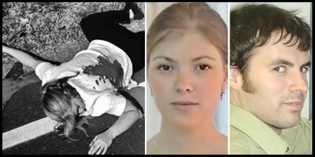 Collage of a woman dead on the roadside, the same woman alive and a dark-haired man looking back at her