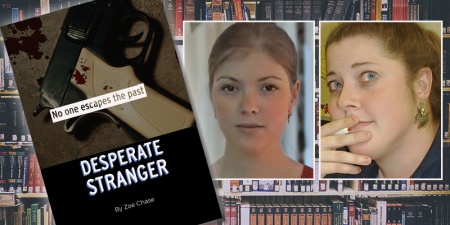 The cover of Zoe's upcoming book, "Desperate Stranger," alongside photos of Zoe and her agent, Kathy