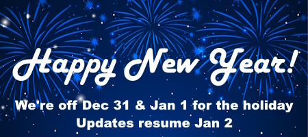 We're off on Tuesday and Wednesday for the New Year. Enjoy the holiday!