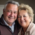 Smiling older couple, a man with short gray hair and a woman with short blonde hair