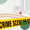 Map of crime scene location with crime scene tape and the Oxford Weekly Planet logo in the foreground