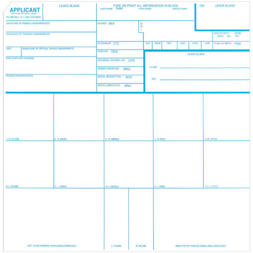 FD-258 fingerprint card with blue print on white paper